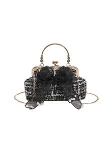 Túi hình vòm họa tiết kẻ sọc Nơ trang trí Tay cầm trên cùng - màu đen - Xem 4