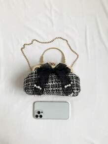 Túi hình vòm họa tiết kẻ sọc Nơ trang trí Tay cầm trên cùng - màu đen - Xem 5