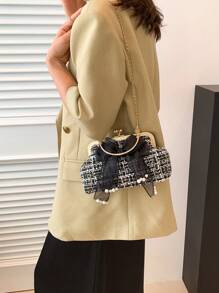 Túi hình vòm họa tiết kẻ sọc Nơ trang trí Tay cầm trên cùng - màu đen - Xem 9