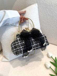 Túi hình vòm họa tiết kẻ sọc Nơ trang trí Tay cầm trên cùng - màu đen - Xem 10