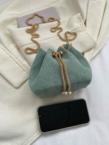 Mini Bucket Bag Fashionable Faux Pearl Decor Chain Polyester - Green - View 6