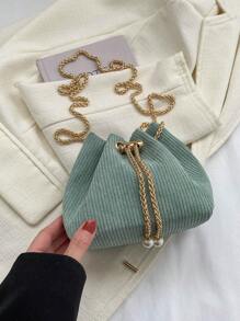 Mini Bucket Bag Fashionable Faux Pearl Decor Chain Polyester - Green - View 7
