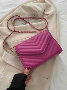 迷你方包鋸齒紋細節翻蓋鏈條PU皮革 - 玫紅色 - 查看 2