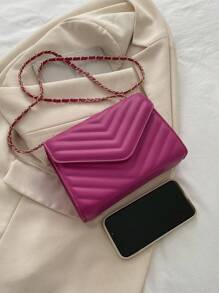 迷你方包鋸齒紋細節翻蓋鏈條PU皮革 - 玫紅色 - 查看 3