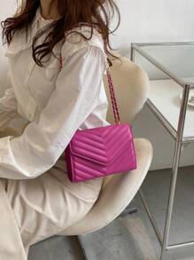 迷你方包鋸齒紋細節翻蓋鏈條PU皮革 - 玫紅色 - 查看 4