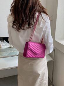 迷你方包鋸齒紋細節翻蓋鏈條PU皮革 - 玫紅色 - 查看 5