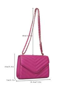 迷你方包鋸齒紋細節翻蓋鏈條PU皮革 - 玫紅色 - 查看 6