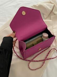 迷你方包鋸齒紋細節翻蓋鏈條PU皮革 - 玫紅色 - 查看 7