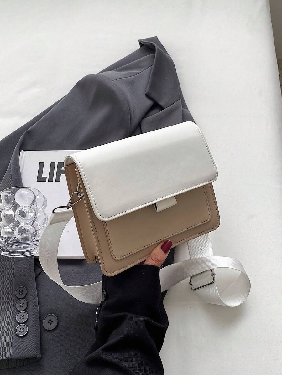 Mini Fashion Square Crossbody Bag, Wide Strap Colourblock Flap Shoulder Bag - Multicolor - View 1