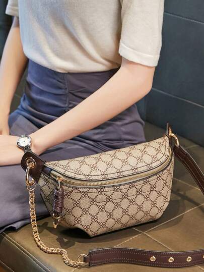 CORALDAISY 滿版圖案腰包鏈條帶帶拉鍊適用於日常