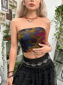 ROMWE PUNK 頹廢搖滾紮染短款抹胸上衣 - 彩色 - 查看 5