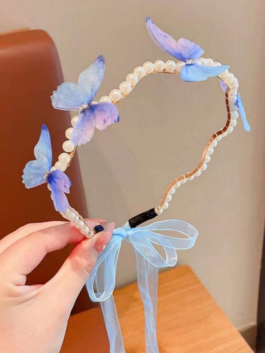 女孩珍珠蝴蝶裝飾髮箍日常裝飾 - 粉色 - 查看 1