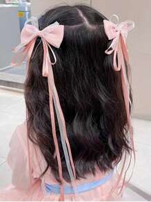 2pcs Girls' Hair Clips With Bowknot And Ribbon - Pink - View 1
