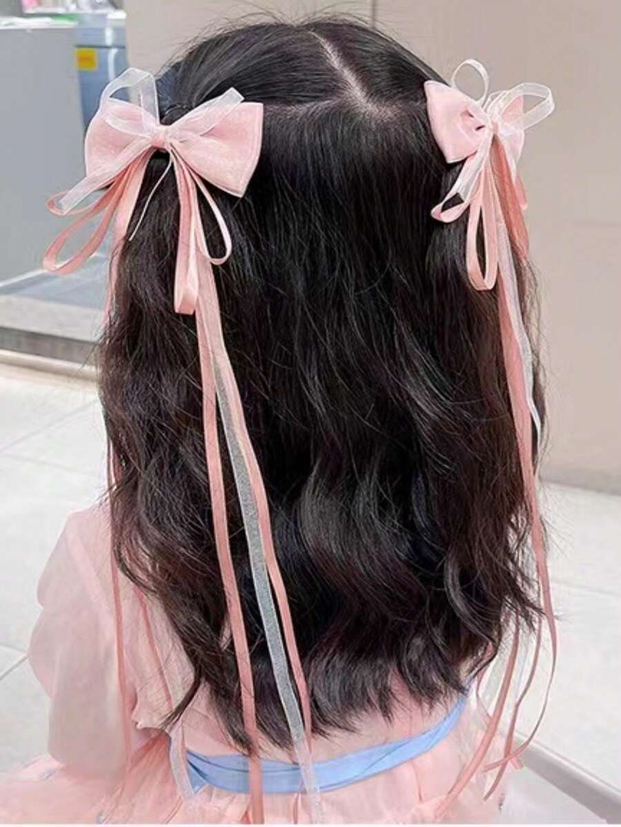 2pcs Girls' Hair Clips With Bowknot And Ribbon - Pink - View 1