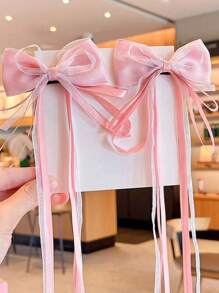 2pcs Girls' Hair Clips With Bowknot And Ribbon - Pink - View 2