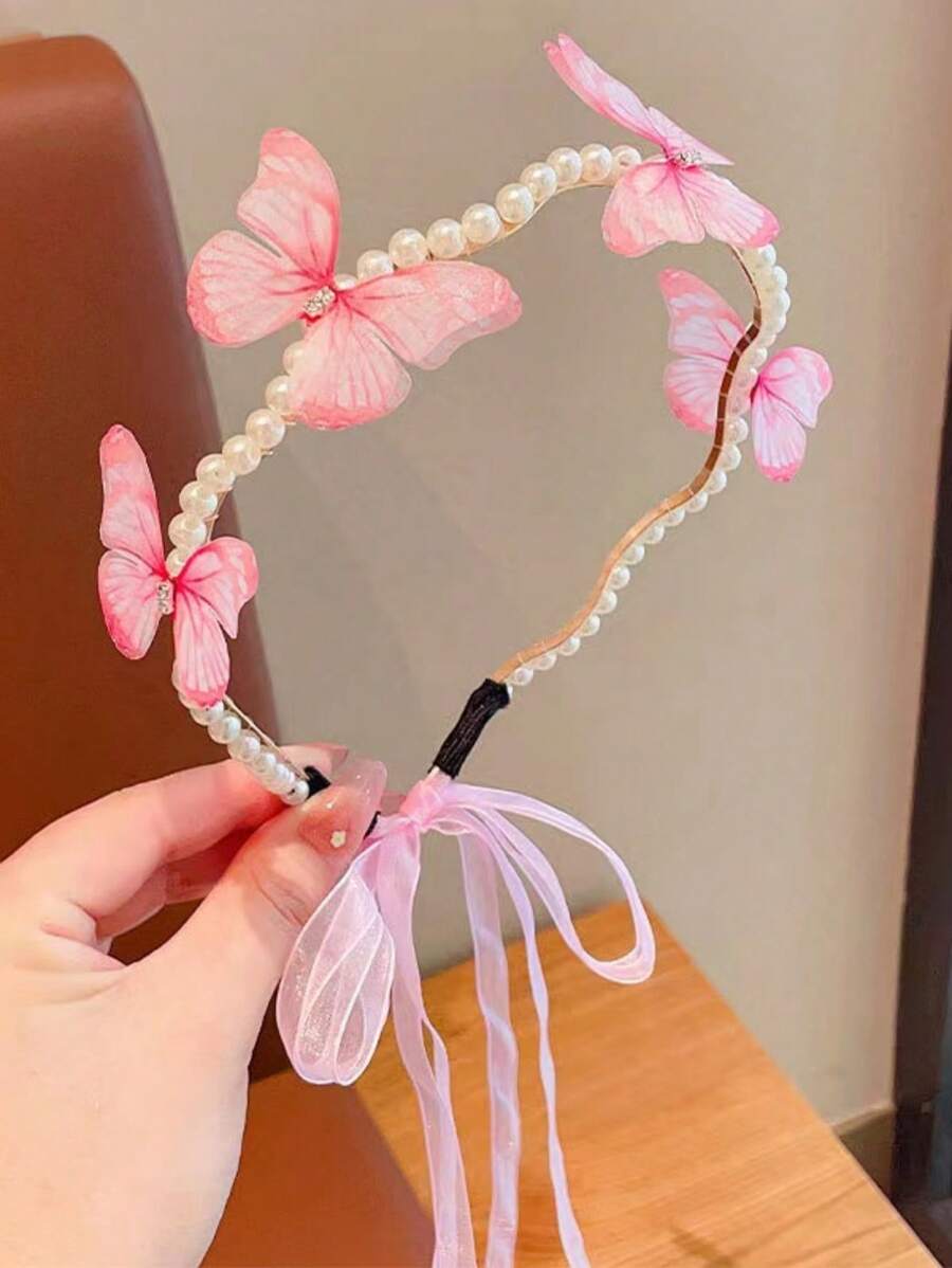 Girls Faux Pearl Butterfly Decor Headband For Daily Decoration - Pink - View 1