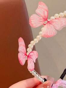 Girls Faux Pearl Butterfly Decor Headband For Daily Decoration - Pink - View 3