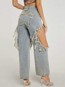 SHEIN Haute 星星剪裁切開寬腿牛仔褲 - 淺色水洗藍 - 查看 1