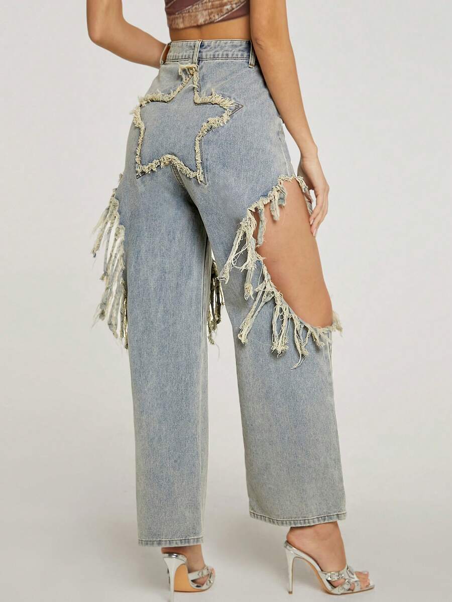 SHEIN Haute 星星剪裁切開寬腿牛仔褲 - 淺色水洗藍 - 查看 1