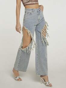 SHEIN Haute 星星剪裁切開寬腿牛仔褲 - 淺色水洗藍 - 查看 2