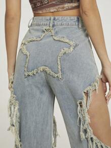 SHEIN Haute 星星剪裁切開寬腿牛仔褲 - 淺色水洗藍 - 查看 4