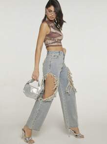 SHEIN Haute 星星剪裁切開寬腿牛仔褲 - 淺色水洗藍 - 查看 3