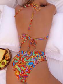 SHEIN Swim Summer Beach Allover Print Halter Triangle Bikini Set - Multicolor - View 2