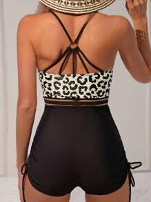 Swim Lushoire 1pc Leopard Print Patchwork Halter One-Piece Swimsuit, Random Print Summer - Multicolor - View 2