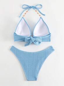 SHEIN Swim 鏈條鏈接吊脖聚攏比基尼泳裝 - 淺藍色 - 查看 2