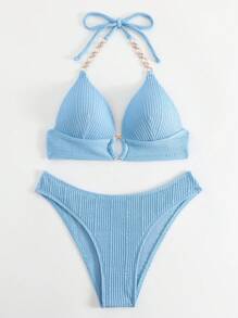 SHEIN Swim 鏈條鏈接吊脖聚攏比基尼泳裝 - 淺藍色 - 查看 4