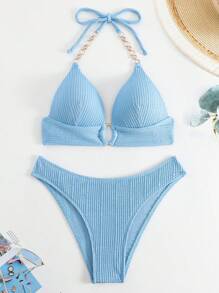 SHEIN Swim 鏈條鏈接吊脖聚攏比基尼泳裝 - 淺藍色 - 查看 6