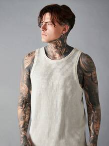 Manfinity NXTstreet Men Solid Waffle Knit Tank Top - Beige - View 3