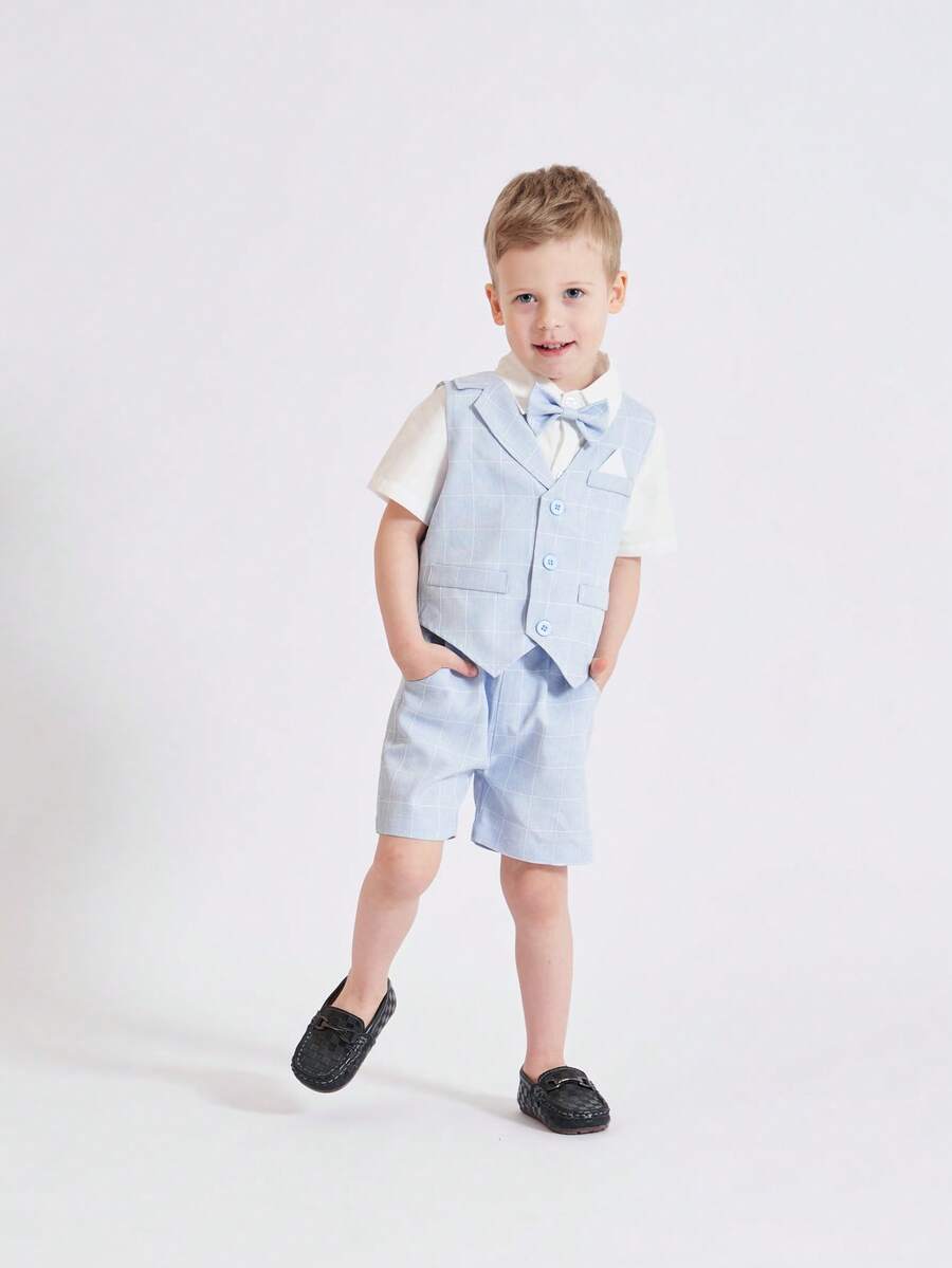 BOARNSEORL Bộ 3 áo vest kẻ sọc xanh, quần short, áo sơ mi nơ cho bé trai, thích hợp cho tiệc sinh nhật, đám cưới, lễ kỷ niệm Eid - Xanh và trắng - Xem 1