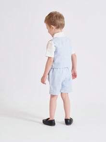 BOARNSEORL Bộ 3 áo vest kẻ sọc xanh, quần short, áo sơ mi nơ cho bé trai, thích hợp cho tiệc sinh nhật, đám cưới, lễ kỷ niệm Eid - Xanh và trắng - Xem 2