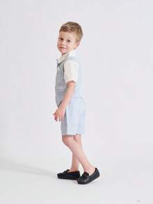 BOARNSEORL Bộ 3 áo vest kẻ sọc xanh, quần short, áo sơ mi nơ cho bé trai, thích hợp cho tiệc sinh nhật, đám cưới, lễ kỷ niệm Eid - Xanh và trắng - Xem 3