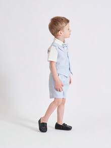 BOARNSEORL Bộ 3 áo vest kẻ sọc xanh, quần short, áo sơ mi nơ cho bé trai, thích hợp cho tiệc sinh nhật, đám cưới, lễ kỷ niệm Eid - Xanh và trắng - Xem 4