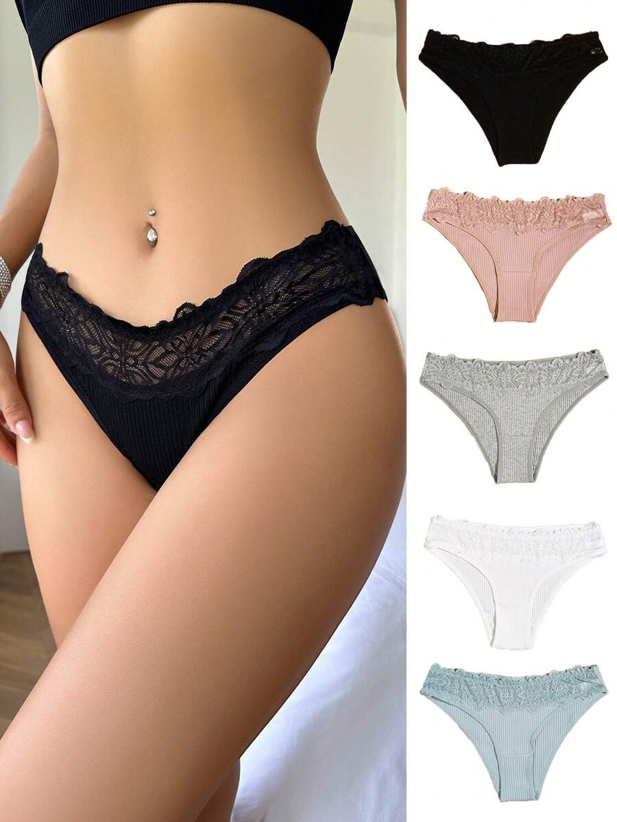 Lencería De Tanga De Encaje Con Costillas En Contraste De 5 Paquetes - Multicolor - Ver 1