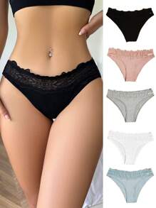 Lencería De Tanga De Encaje Con Costillas En Contraste De 5 Paquetes - Multicolor - Ver 3