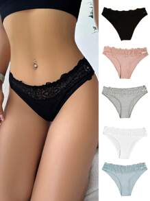 Lencería De Tanga De Encaje Con Costillas En Contraste De 5 Paquetes - Multicolor - Ver 5