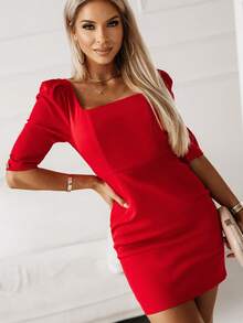 Square Neck Puff Sleeve Bodycon Dress - Red - View 5