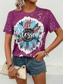 SHEIN LUNE 花卉和字母圖案T恤 - 紫色 - 查看 3