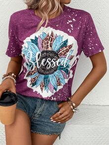 SHEIN LUNE 花卉和字母圖案T恤 - 紫色 - 查看 4