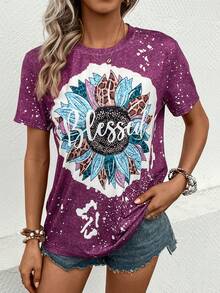 SHEIN LUNE 花卉和字母圖案T恤 - 紫色 - 查看 5