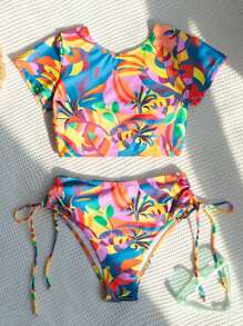 SHEIN Swim Zomerstrand bikiniset met tropische print en trekkoord aan de zijkant