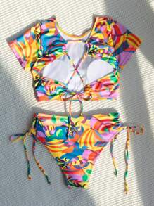 SHEIN Swim Zomerstrand bikiniset met tropische print en trekkoord aan de zijkant