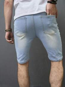 Manfinity LEGND Hombres Shorts en mezclilla algodón con parche de letra desgarro crudo - Lavado ligero - Ver 2