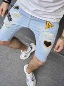 Manfinity LEGND Hombres Shorts en mezclilla algodón con parche de letra desgarro crudo - Lavado ligero - Ver 4