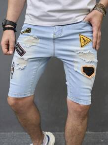 Manfinity LEGND Hombres Shorts en mezclilla algodón con parche de letra desgarro crudo - Lavado ligero - Ver 5