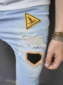 Manfinity LEGND Hombres Shorts en mezclilla algodón con parche de letra desgarro crudo - Lavado ligero - Ver 7