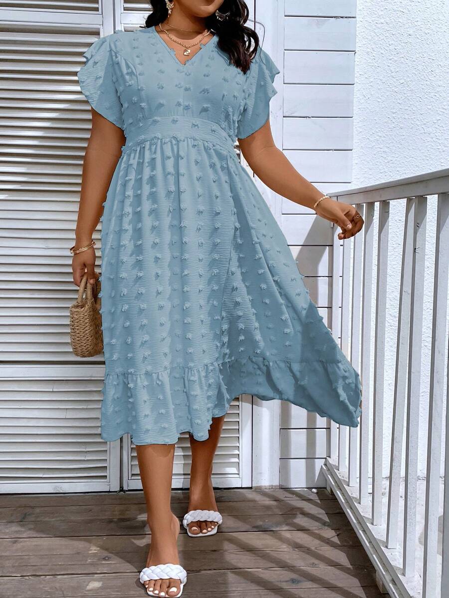 SHEIN LUNE Đầm Plus Size Xù Viên lá sen màu trơn Giải trí - Màu xanh nhạt - Xem 1